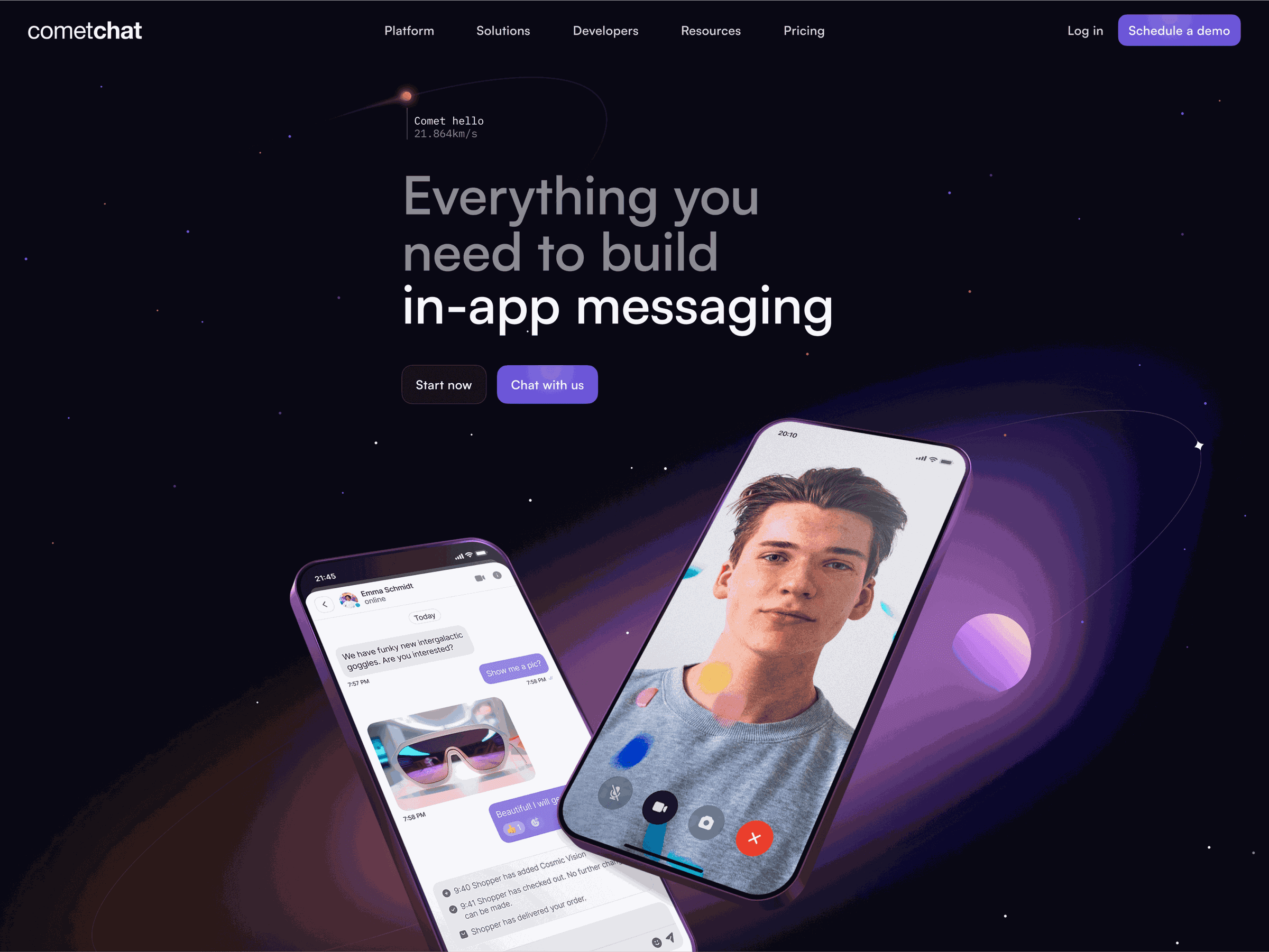 Redesigned CometChat homepage: 'Everything you need to build in-app messaging' with phone mockups
