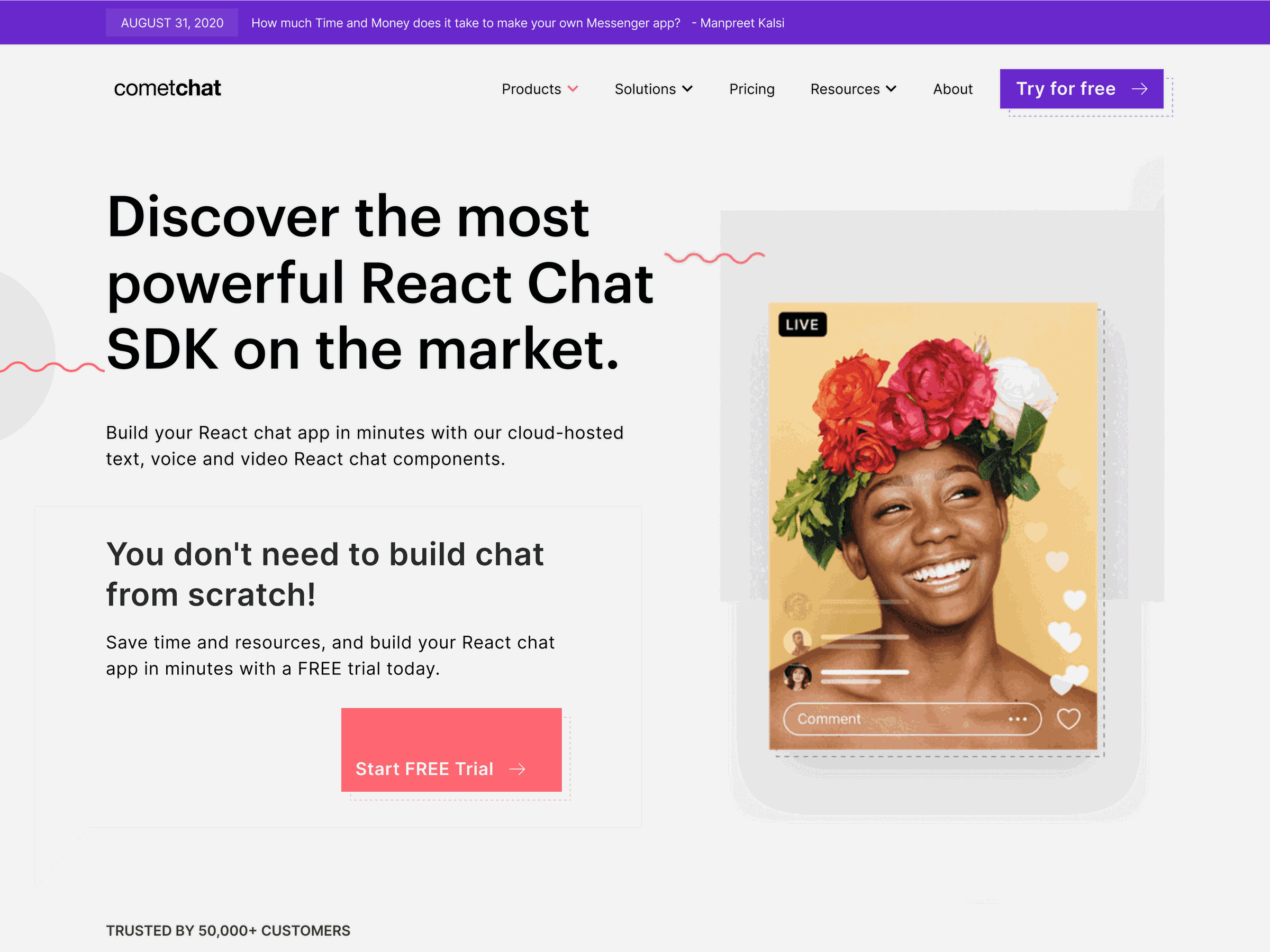 CometChat's previous website before the redesign, promoting its React Chat SDK