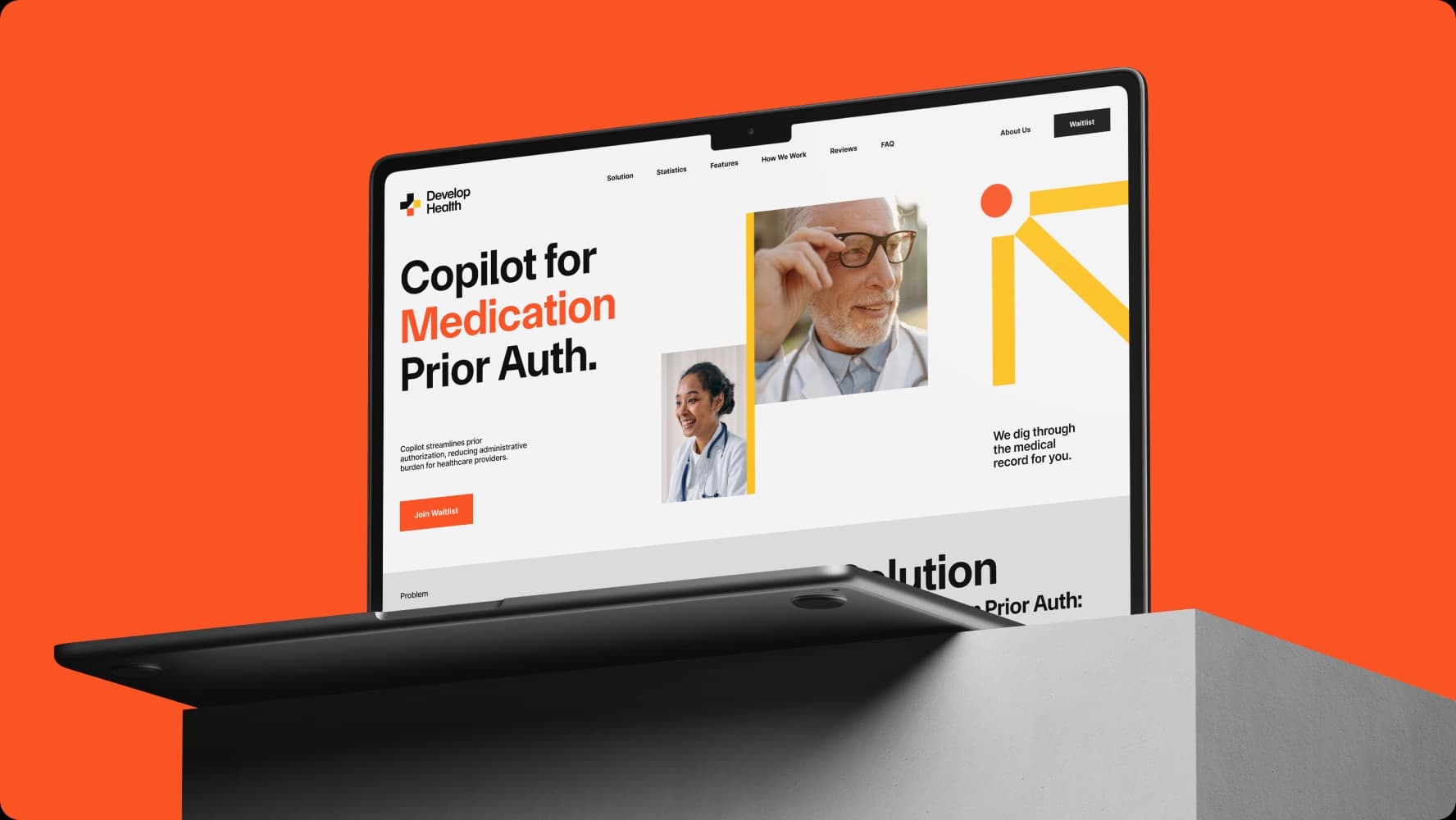 Develop Health website on a laptop with the headline 'Copilot for Medication Prior Auth.'