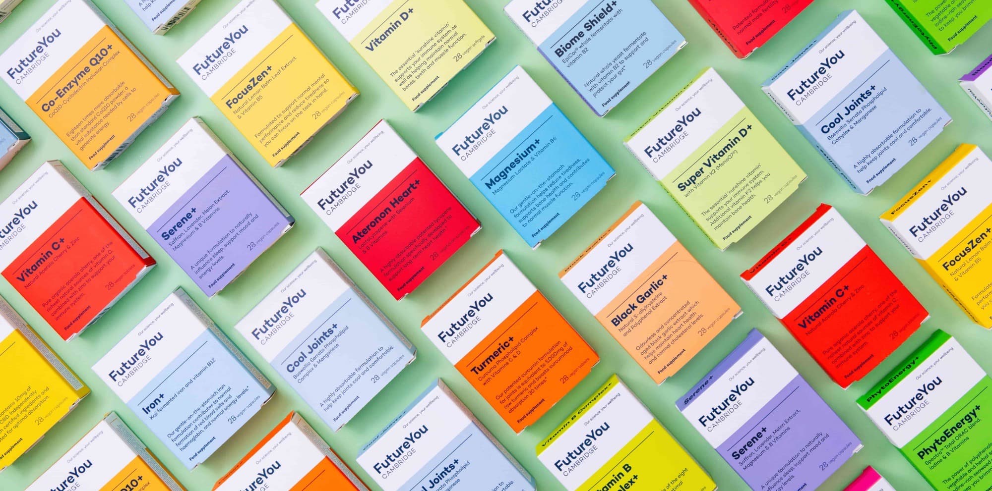 Colourful FutureYou Cambridge supplement boxes arranged diagonally