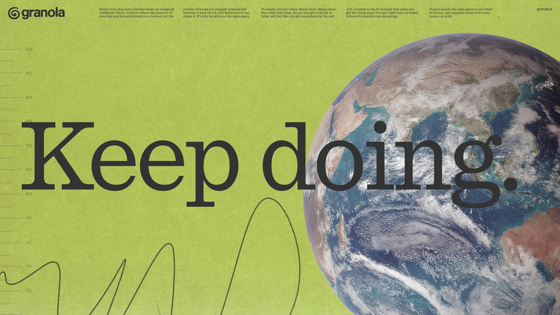 Granola poster reading 'Keep doing.' with a globe on a green background