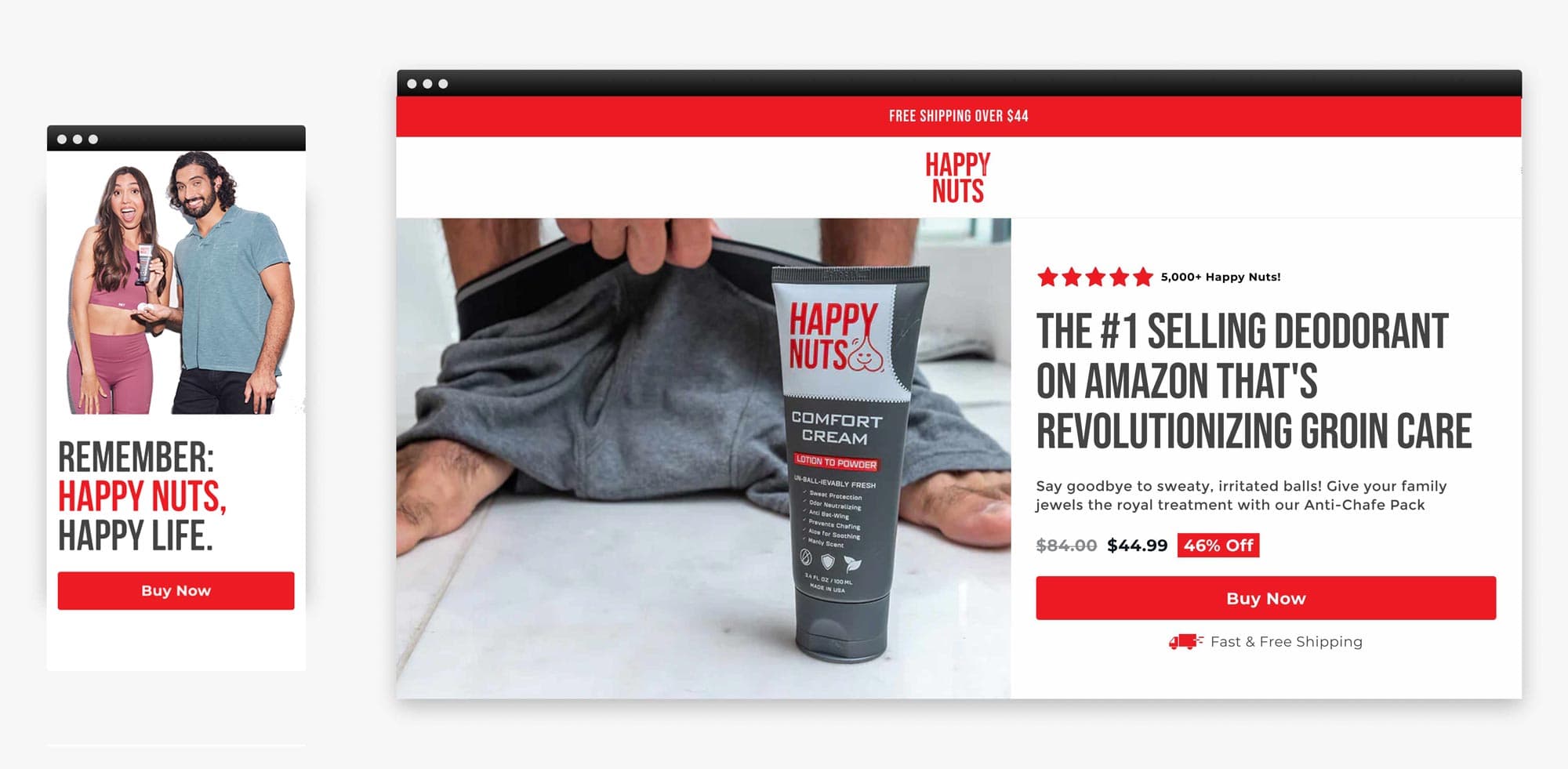 Happy Nuts desktop and mobile store pages promoting its comfort cream