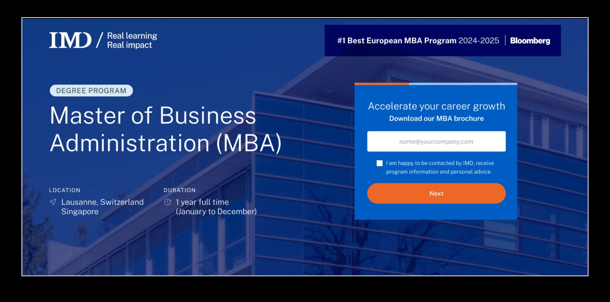 IMD MBA landing page mockup built on Unbounce