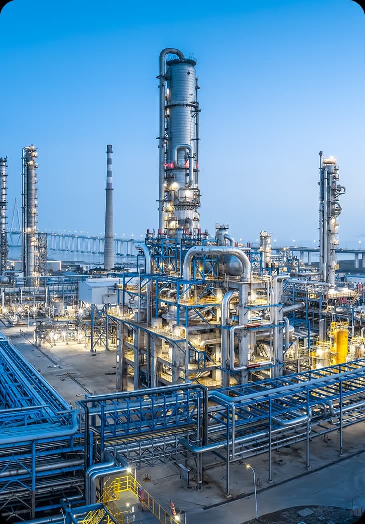 Industrial gas processing plant lit up at dusk