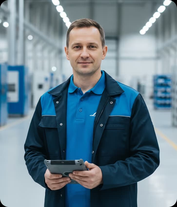 Factory worker holding a rugged tablet in a modern warehouse