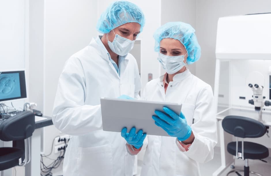 Two lab researchers in protective gear reviewing data on a tablet