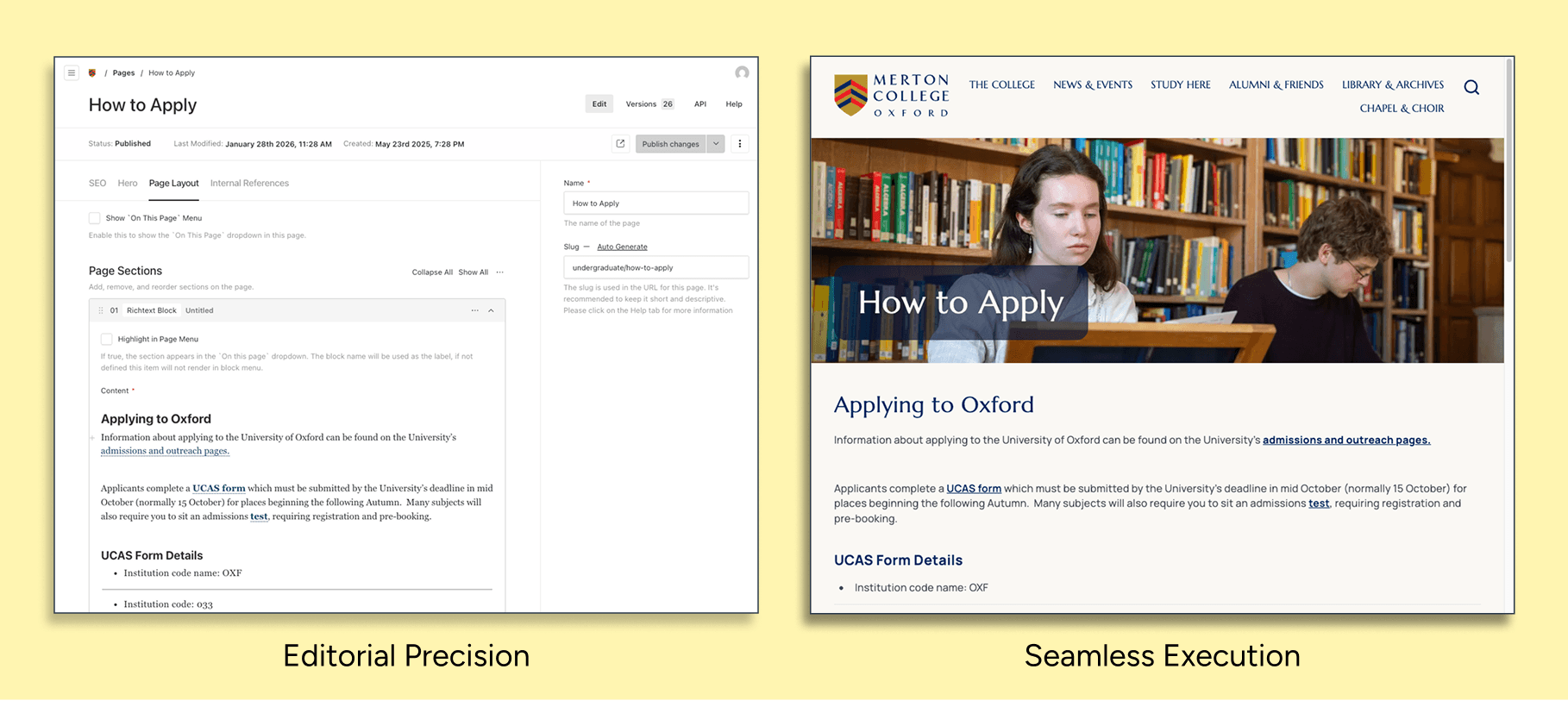Side-by-side of the Payload CMS editor and the live Merton College 'How to Apply' page