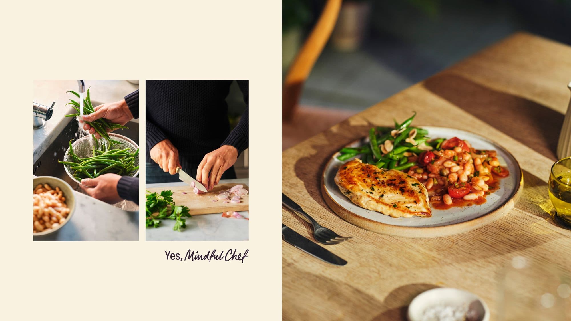 Mindful Chef brand spread with cooking photography beside a plated chicken dish