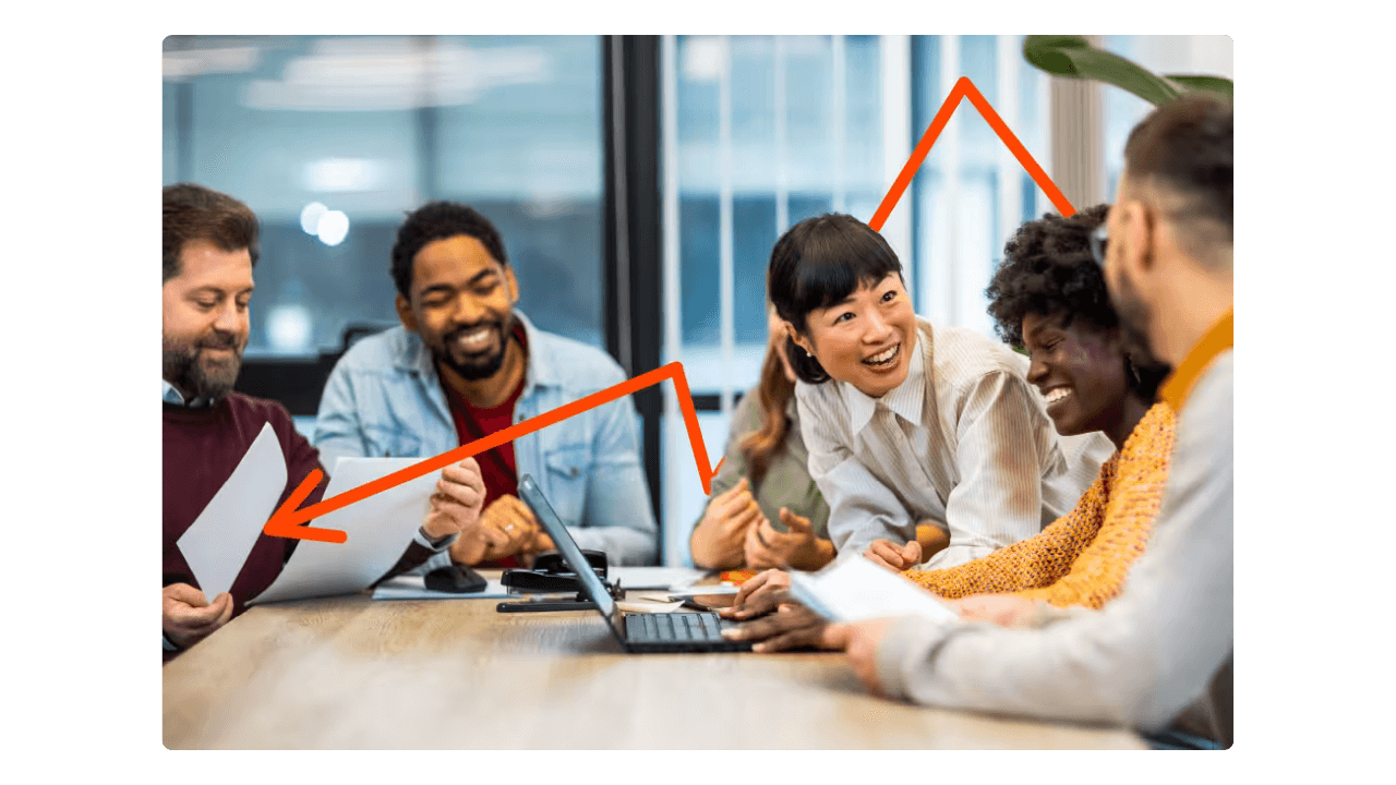 Professionals collaborating with an upward growth arrow over the NAVEX redesign results
