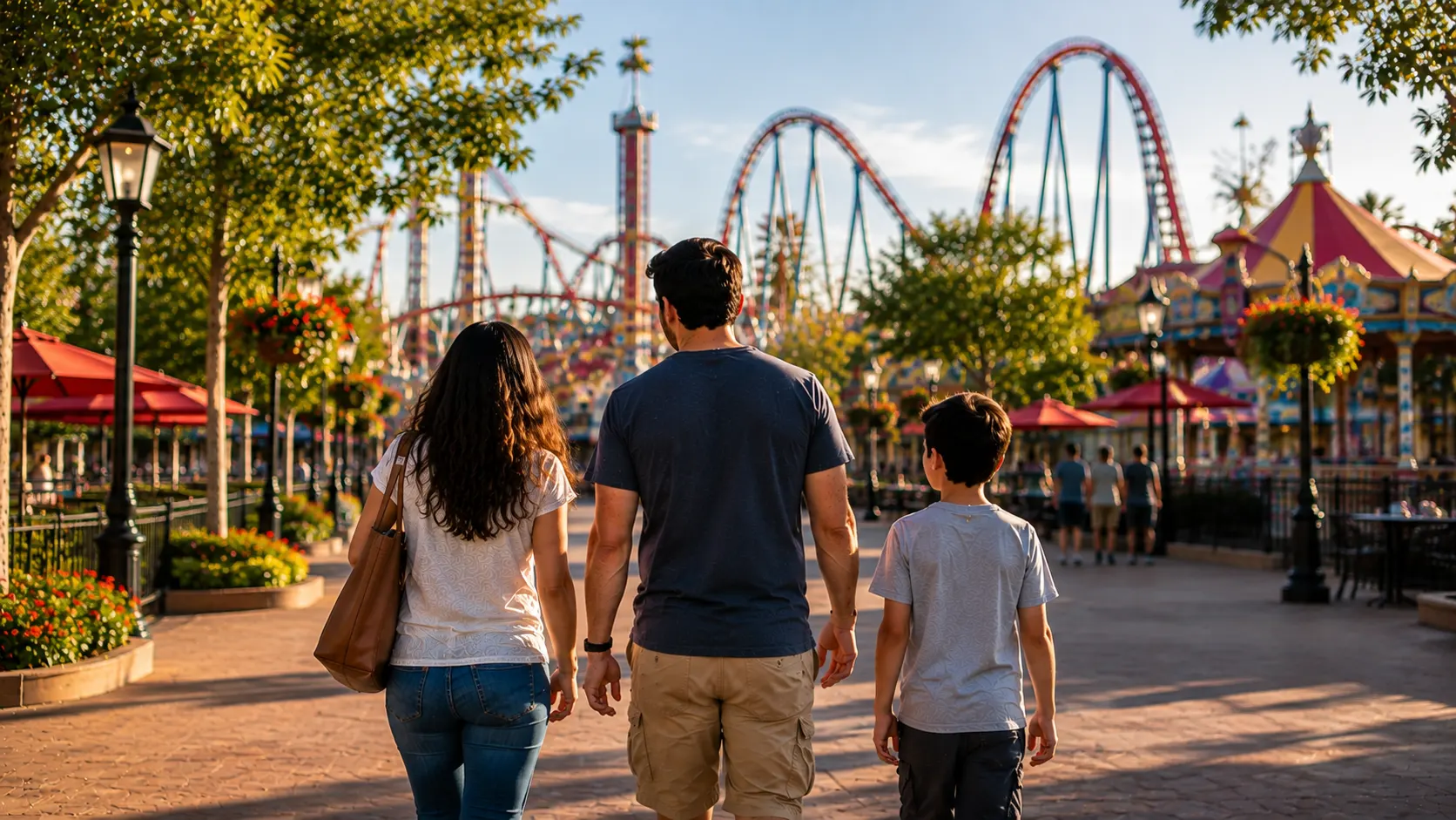 Family walking toward roller coasters at a Six Flags park at golden hour