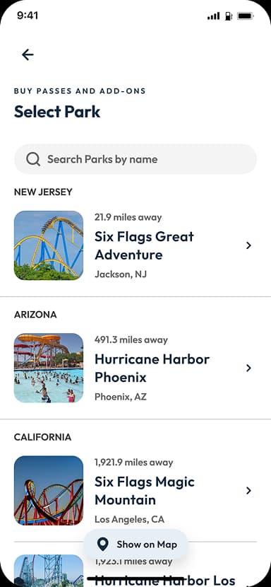 Six Flags app screen for selecting a park