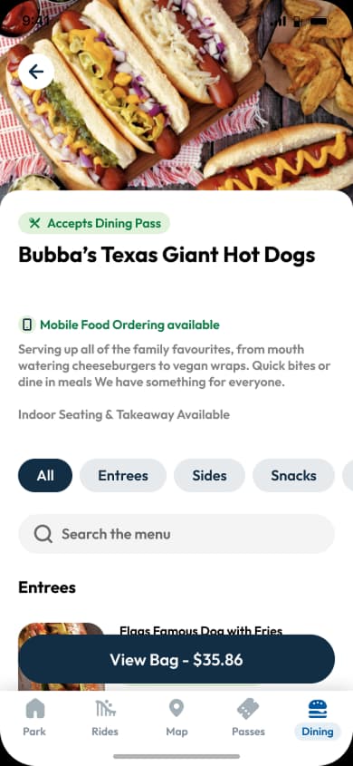 Six Flags app restaurant menu with items in the order bag