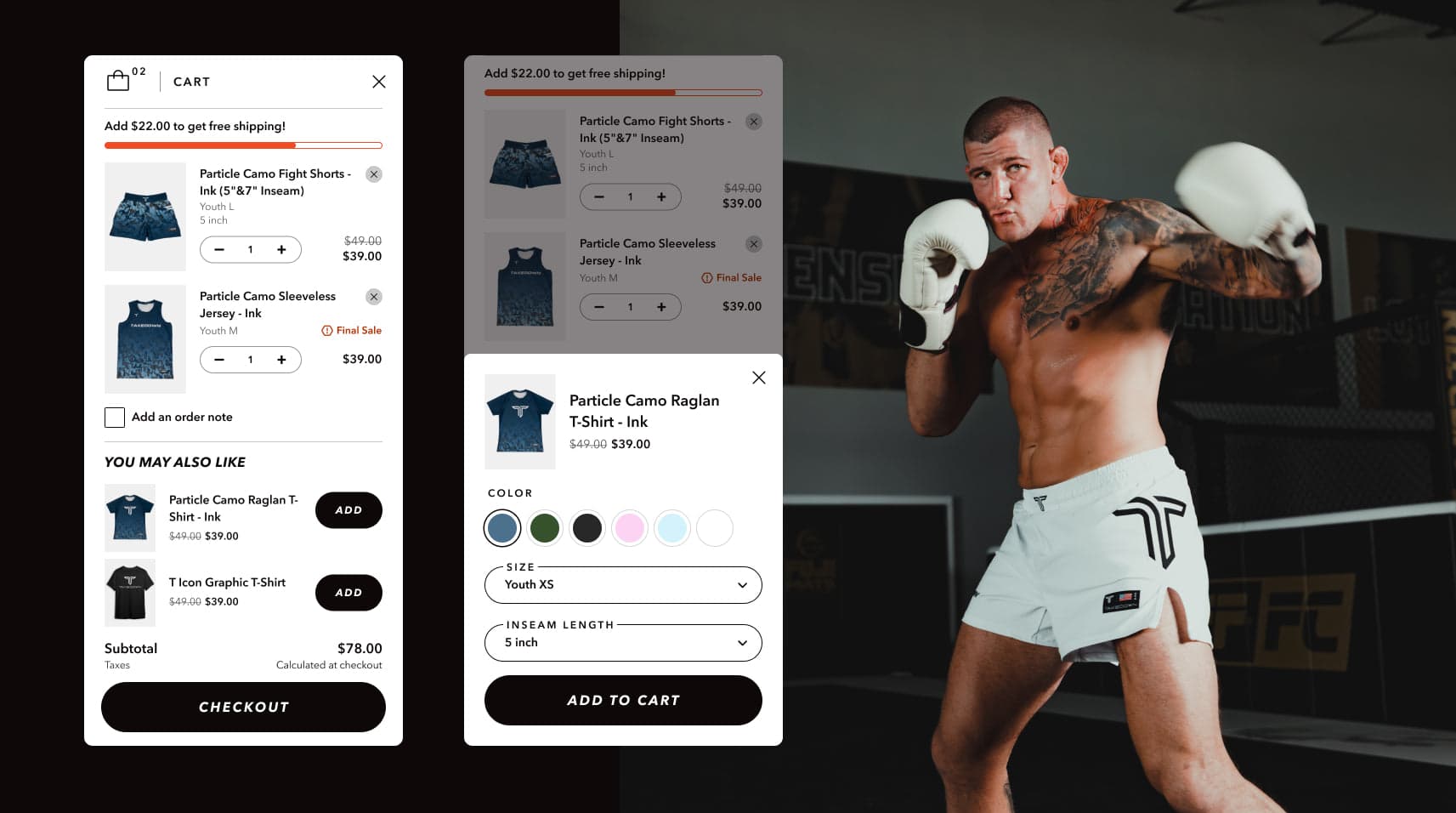 Takedown Sportswear cart and product drawer designs beside a boxer in Takedown gear