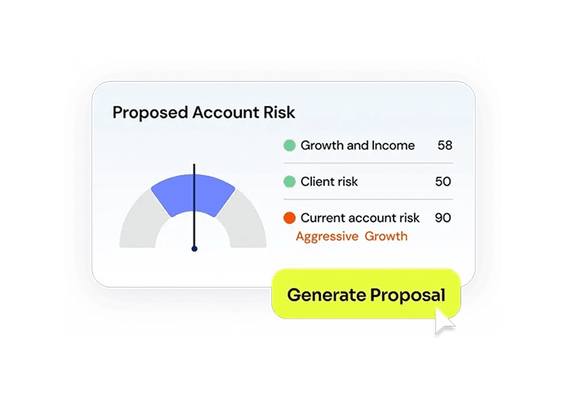 Vestmark product UI card showing proposed account risk scores and a Generate Proposal button