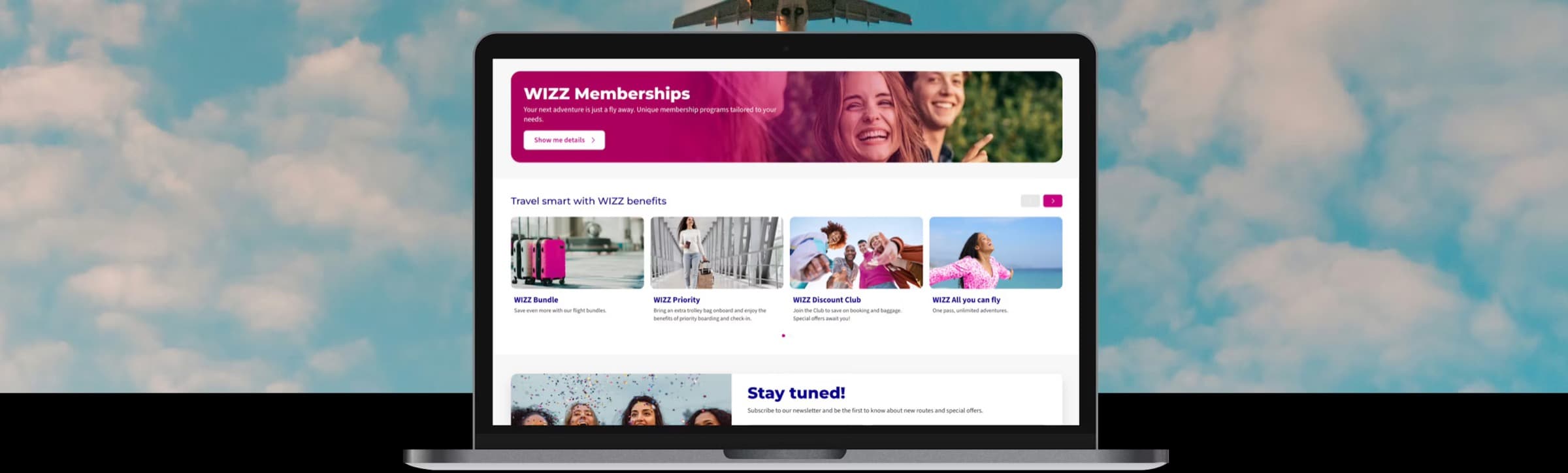 Laptop showing the Wizz Air memberships web page against a blue sky