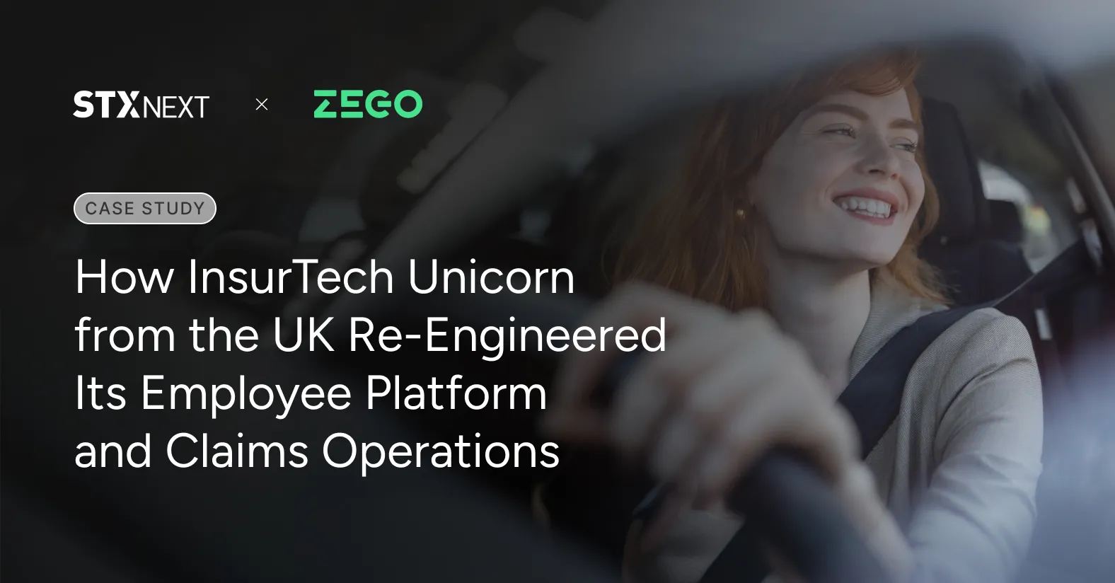 STX Next and Zego case study banner with a smiling driver behind the wheel