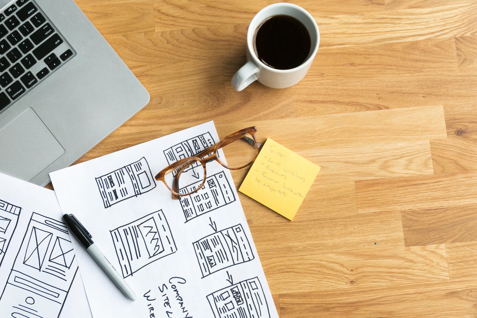 designers desk with coffee wireframes