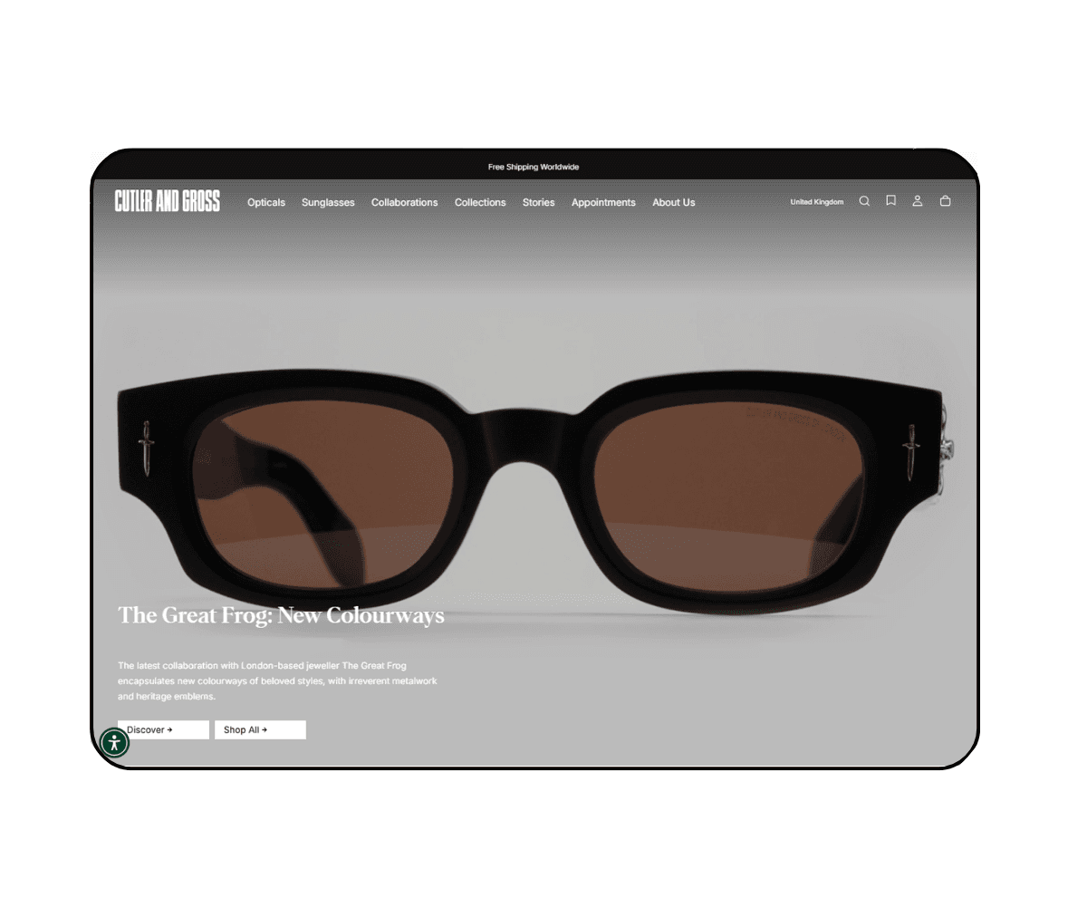 Cutler and Gross desktop homepage featuring The Great Frog sunglasses collaboration