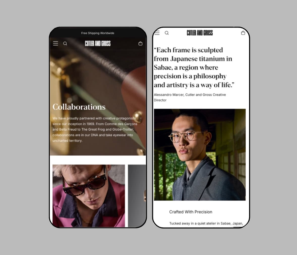 Two Cutler and Gross mobile pages: Collaborations and a craftsmanship story