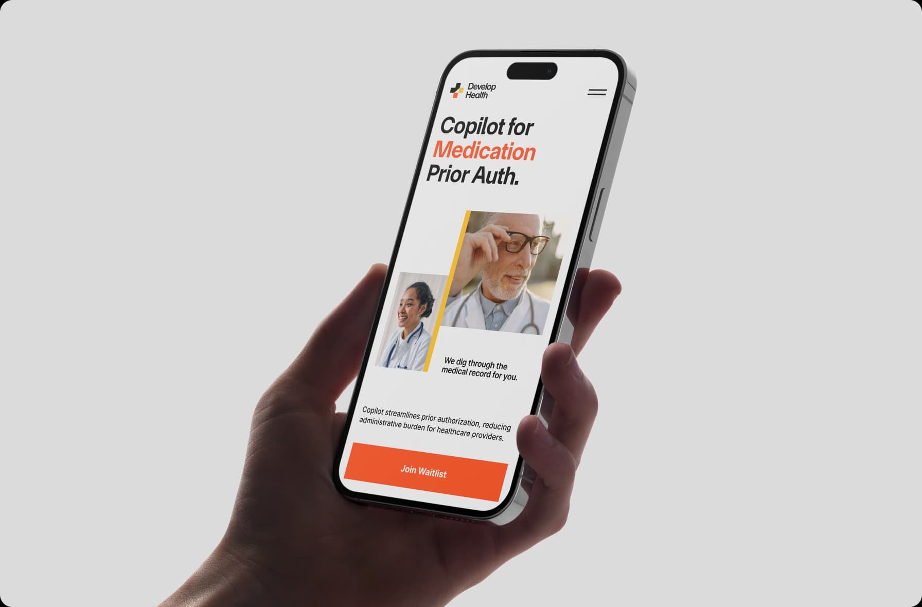 Develop Health mobile website held in hand, showing the prior-auth copilot hero