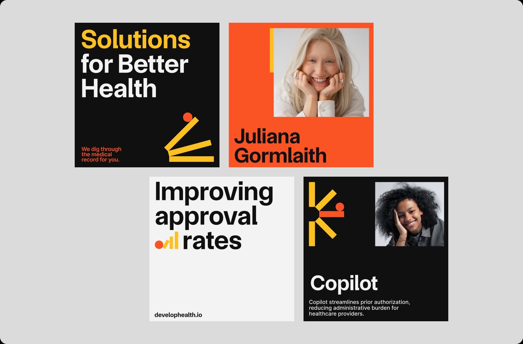 Develop Health branded social media templates in black, orange and yellow