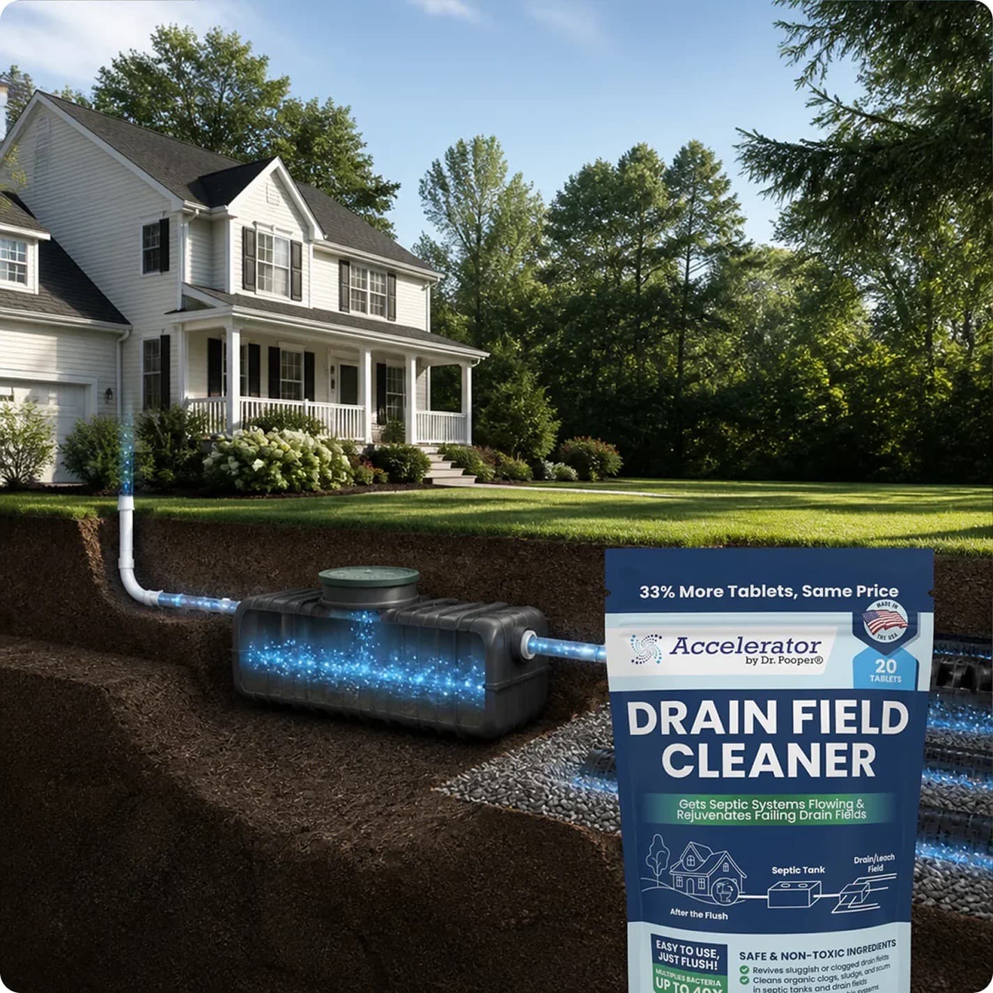 Dr Pooper Drain Field Cleaner pack in front of a house with an illustrated septic system