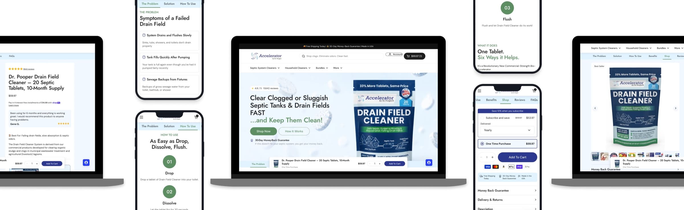 Strip of redesigned Dr Pooper landing page screens on desktop and mobile