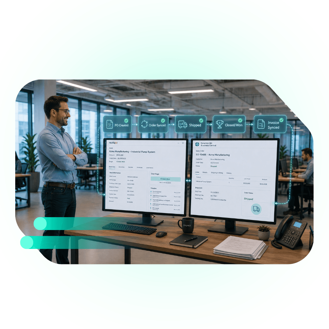 Team member viewing synced HubSpot and Business Central records with automated status steps