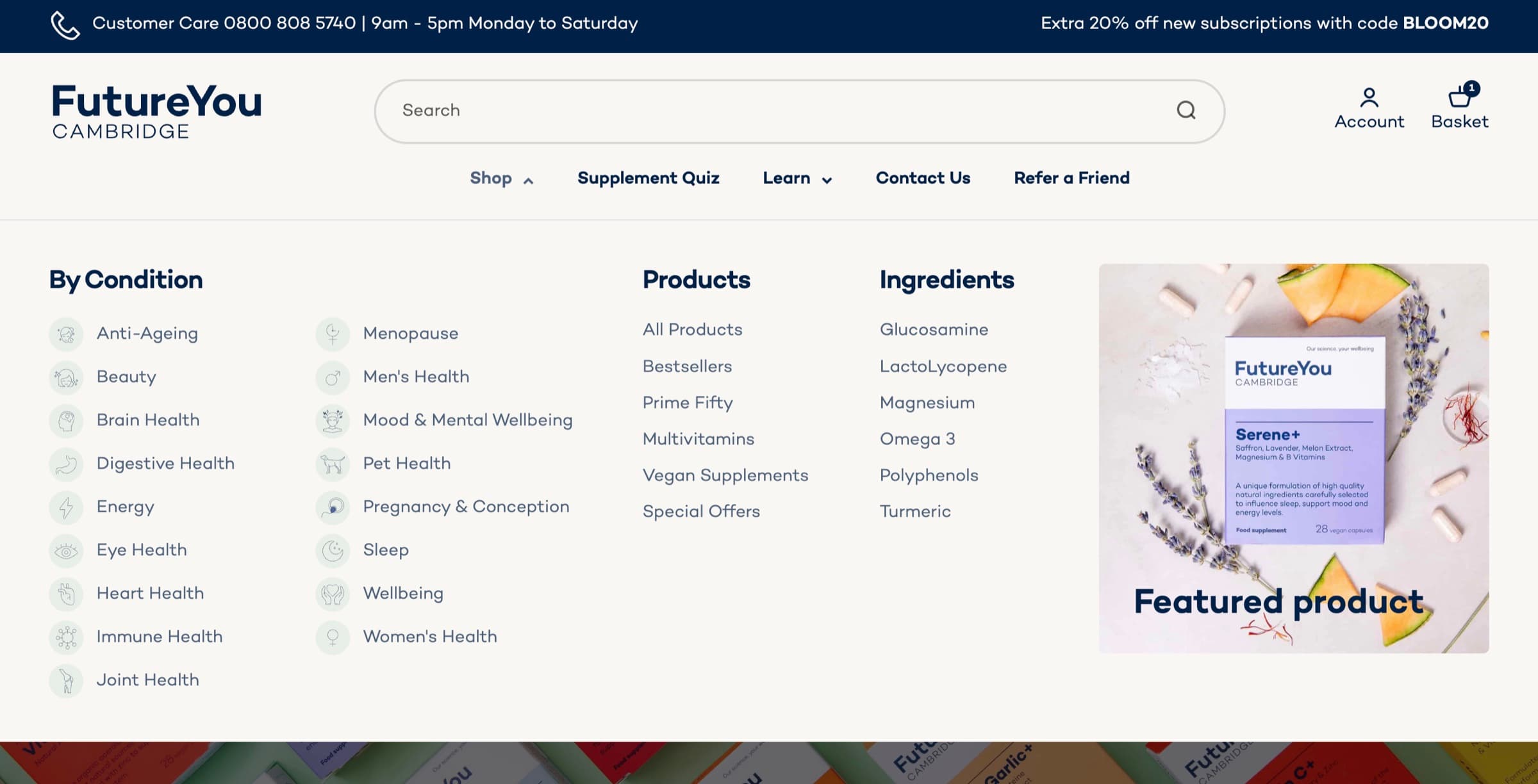 FutureYou mega menu with condition-based categories and icons