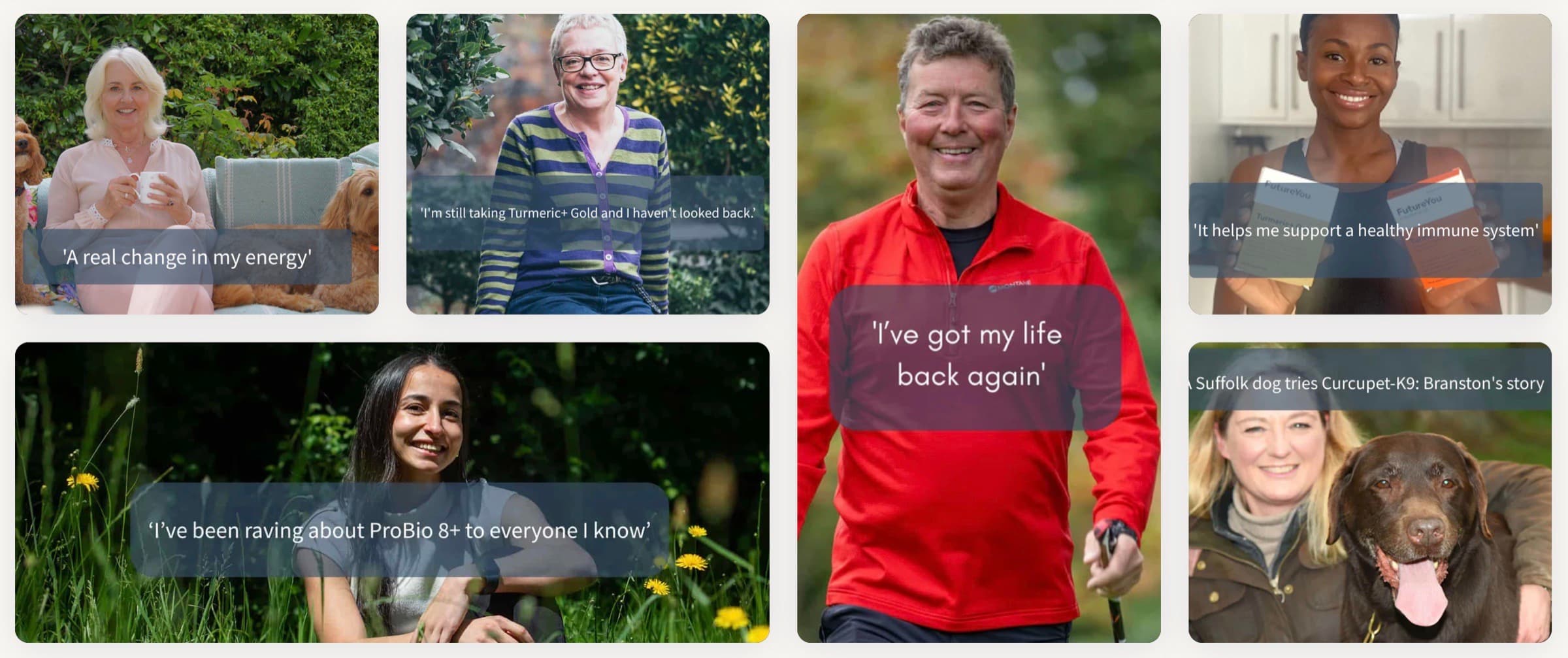 FutureYou customer testimonial tiles used as social proof