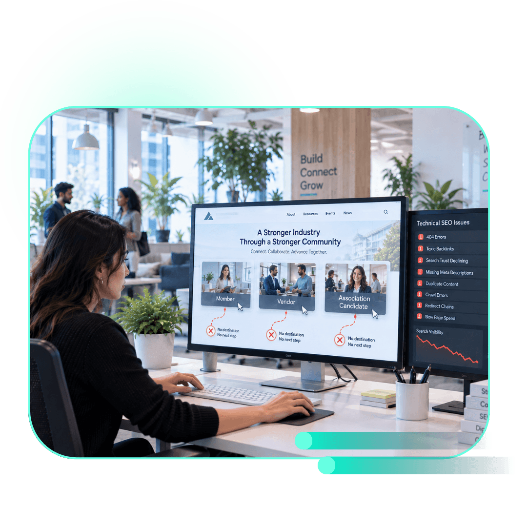 Woman reviewing the redesigned GTIA homepage with persona cards and a technical SEO checklist
