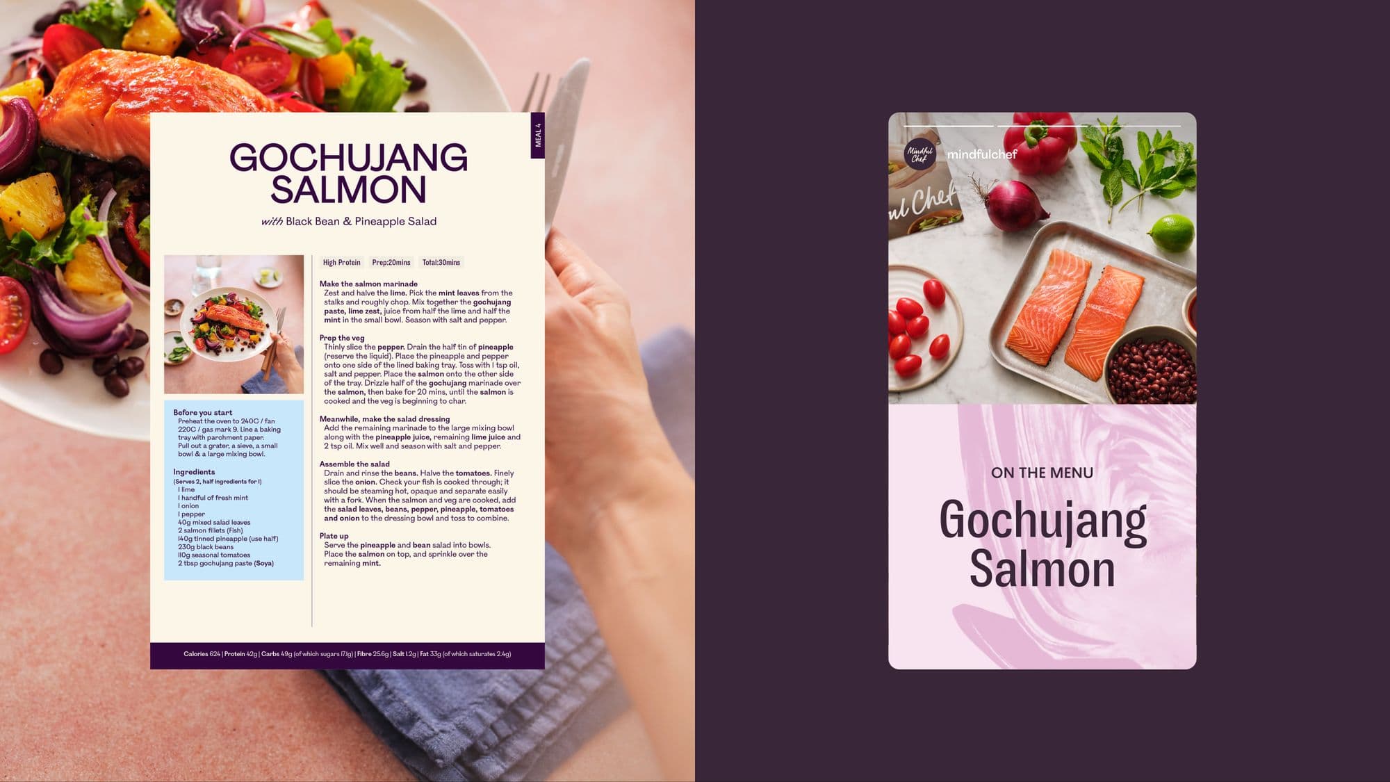 Mindful Chef recipe card and social post for Gochujang Salmon
