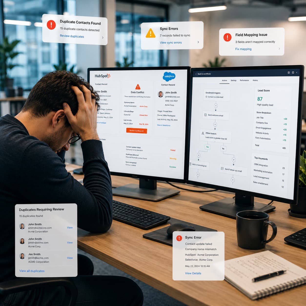 Frustrated marketer facing duplicate contact and sync error alerts across HubSpot and Salesforce screens