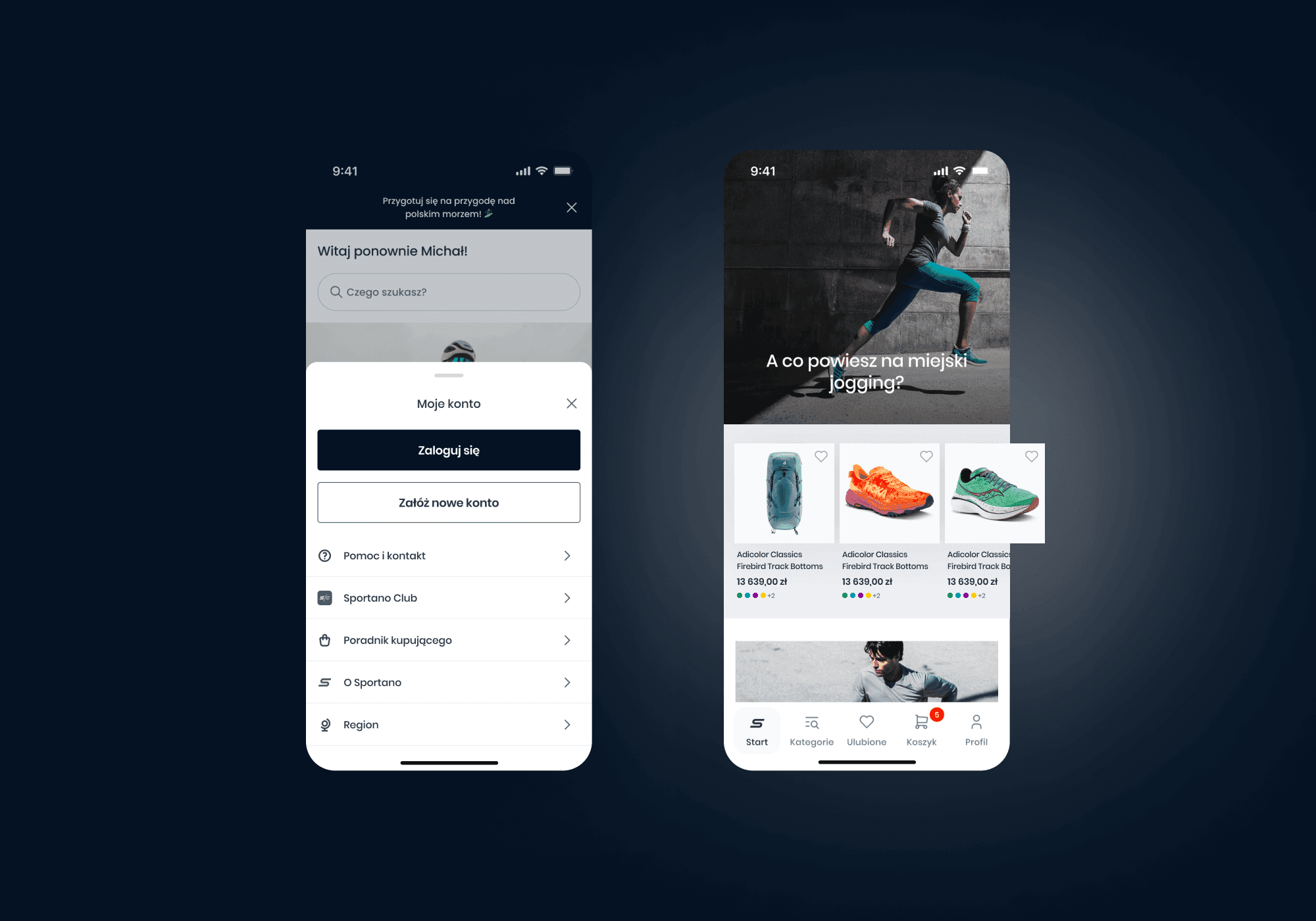 Sportano app account menu and home feed screens on two phones