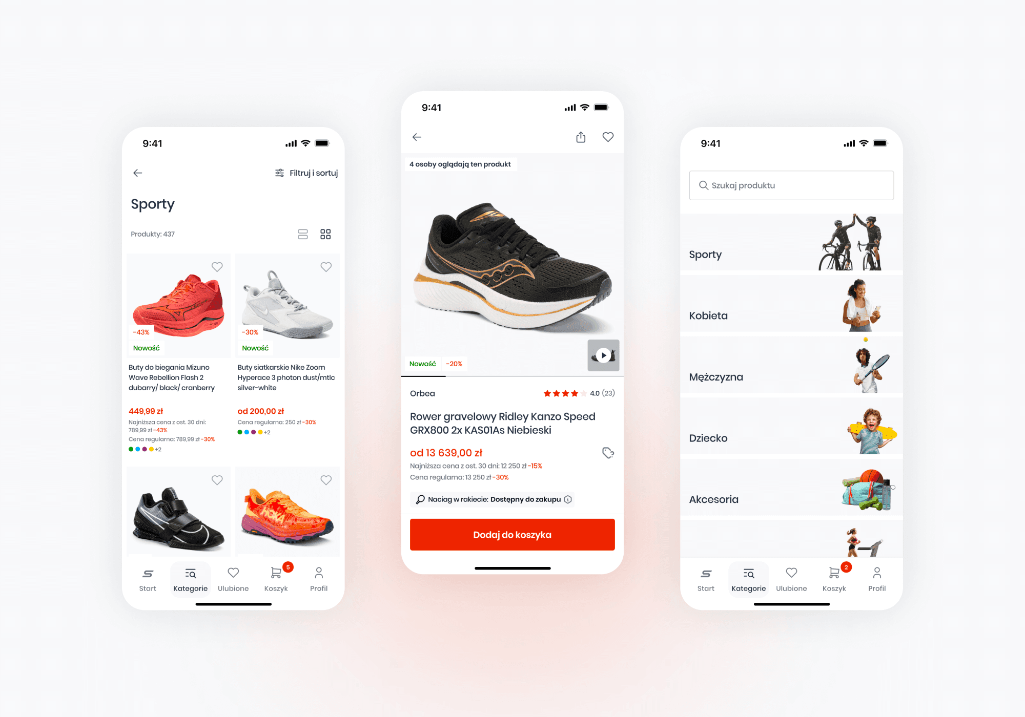Sportano app product listing, product detail and category screens
