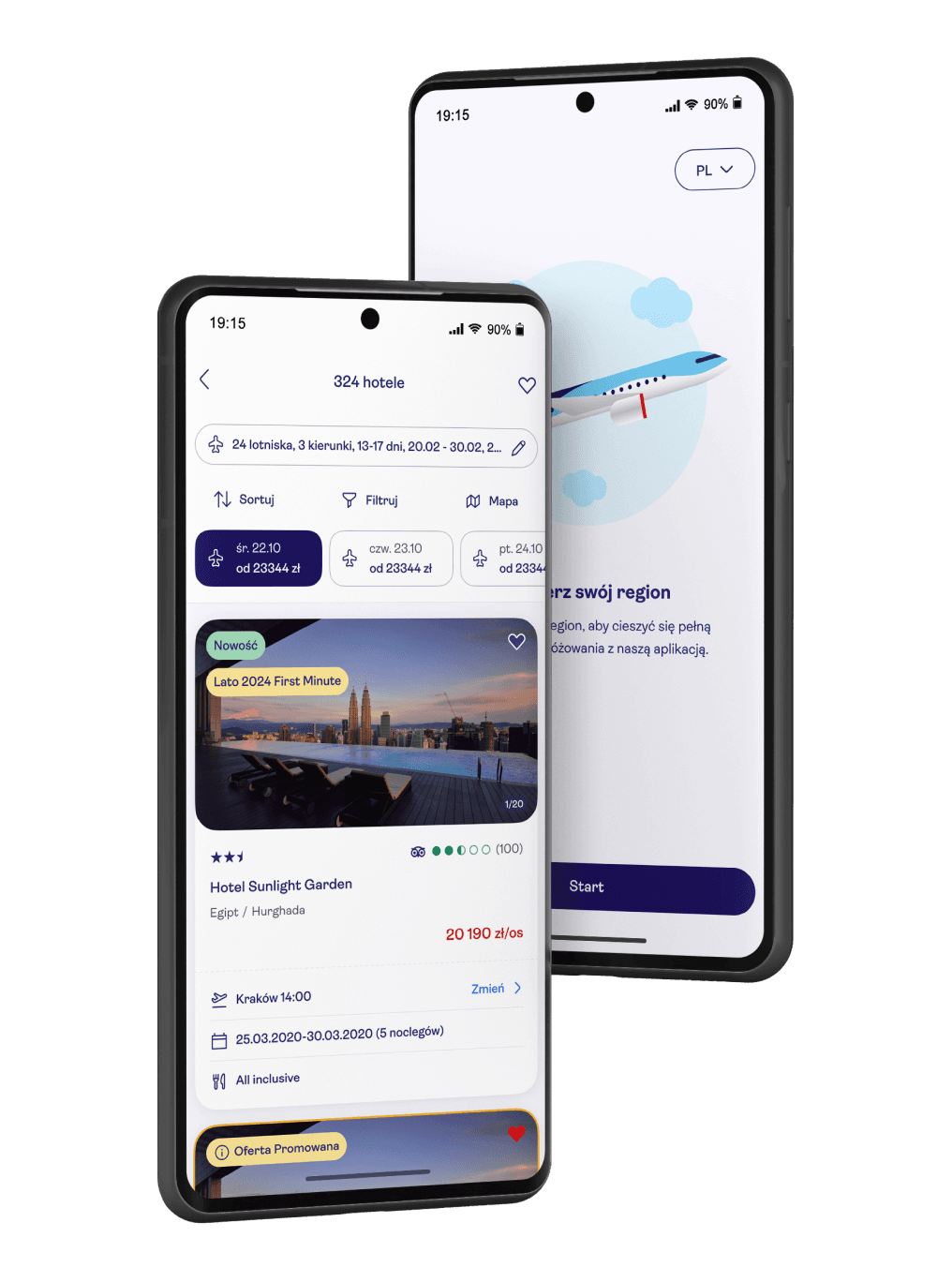 Two Android phones showing the TUI app's hotel search results and region picker