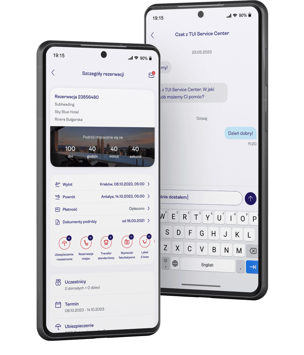 TUI app screens showing booking and trip-management features