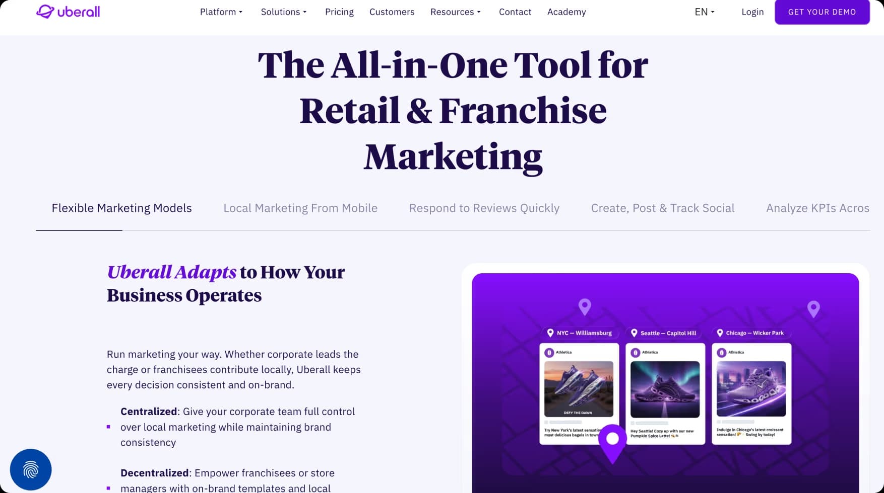 Uberall retail and franchise marketing solution page on the new Webflow site