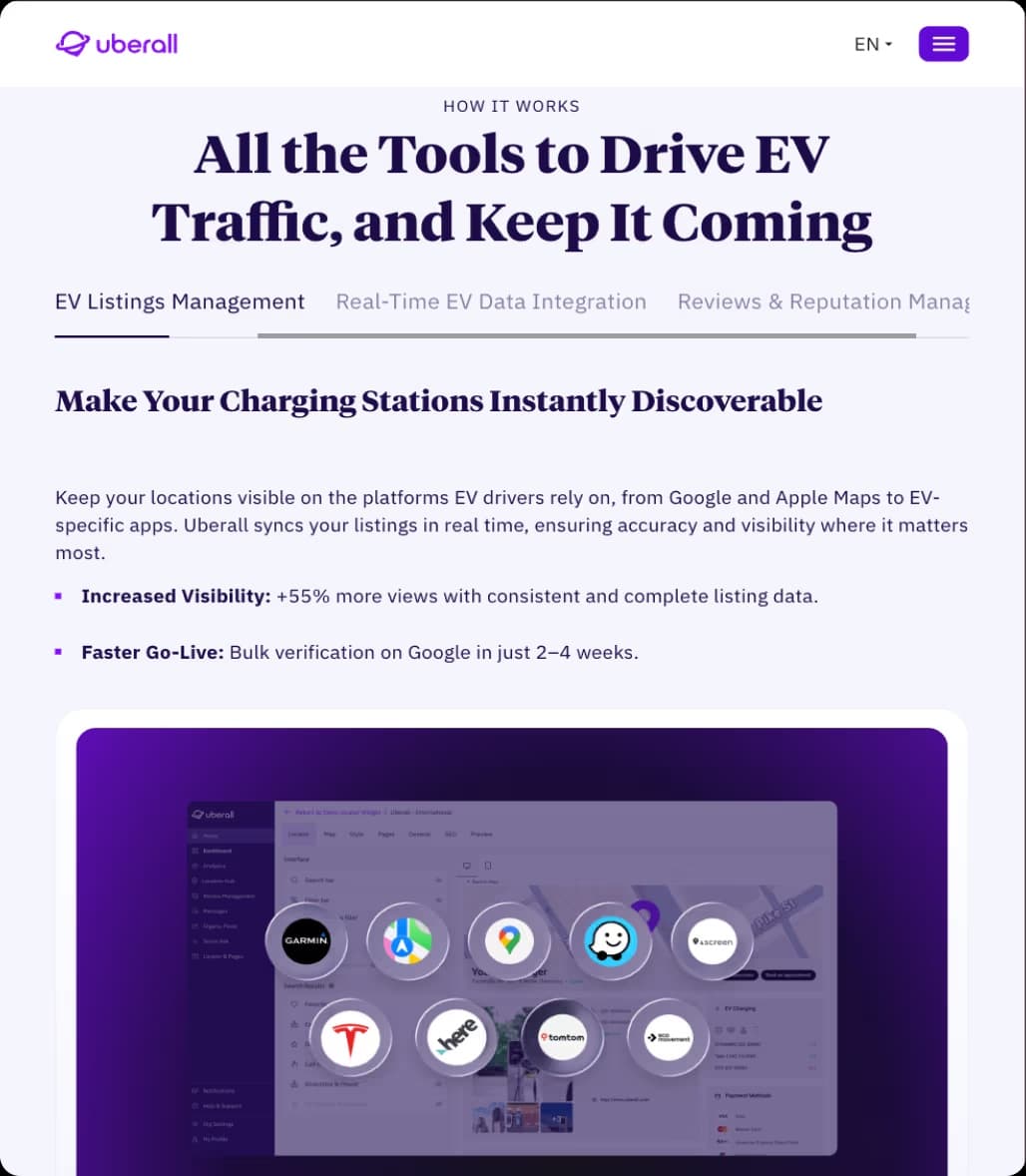 Uberall EV charging use-case page on mobile, explaining listings management