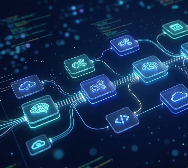 Abstract network of connected cloud, AI and code nodes